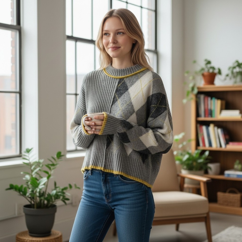 PRINGLE of Scotland x H&M Argyle Wool Blend Cropped Oversized Sweater Preppy XS
